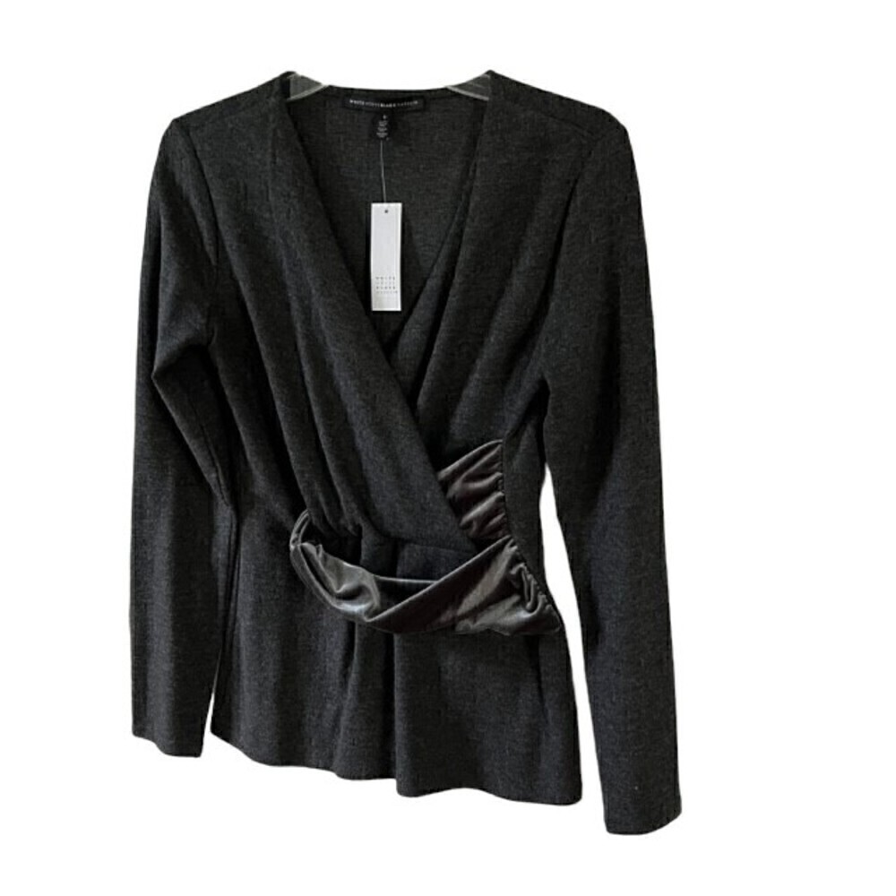White House Black Market Gray Wrap Top w/ Velvet Detail Size S NWT - Picture 5 of 8